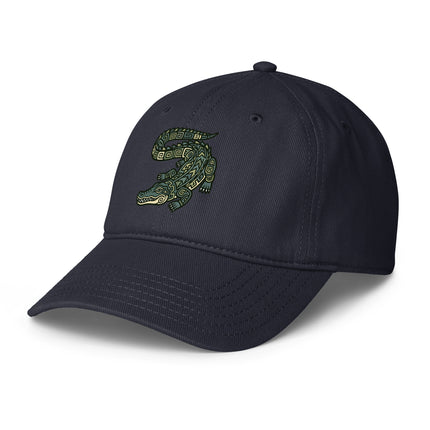 Mayan crocodile art print baseball cap featuring ancient civilization design.