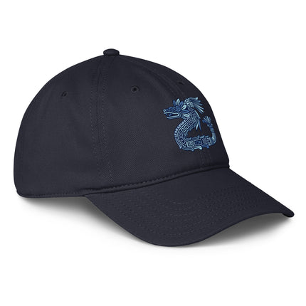 Aztec feathered serpent baseball cap featuring Quetzalcoatl print design.