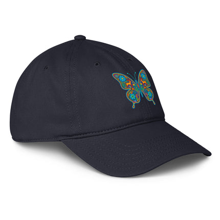Huichol butterfly print baseball cap featuring vibrant native Mexican art design.