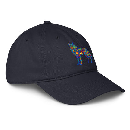 Huichol coyote print baseball cap featuring indigenous Mexican art design.