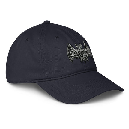 Mayan bat print baseball cap featuring ancient Mesoamerican cultural designs.