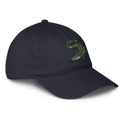 Mayan crocodile print baseball cap featuring ancient civilization art design.