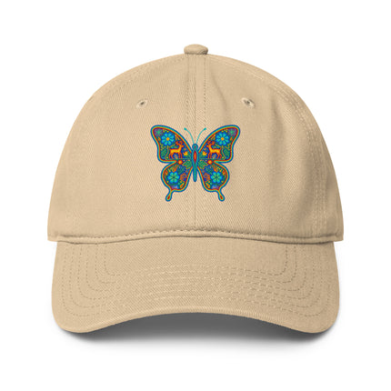 Huichol butterfly art baseball cap with vibrant native Mexican print.