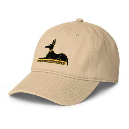 Anubis Egyptian god baseball cap featuring ancient mythology print.
