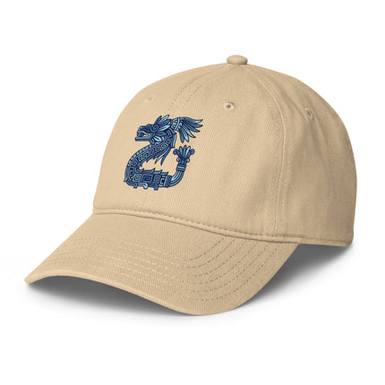 Feathered serpent Quetzalcoatl baseball cap with Aztec-inspired tribal print.