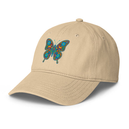 Huichol butterfly art baseball cap featuring vibrant native Mexican design.
