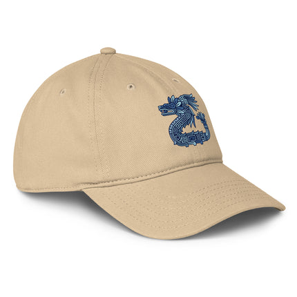 Quetzalcoatl feathered serpent baseball cap with vibrant Aztec-inspired print.