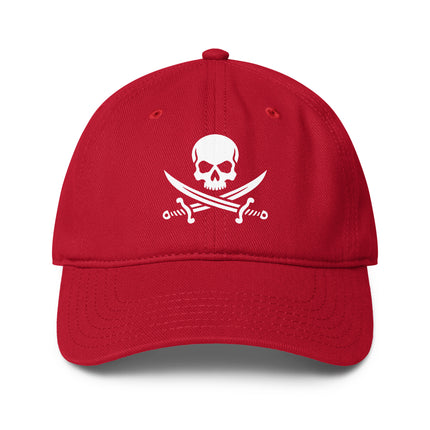 Pirate skull and crossbones baseball cap with Jolly Roger print.