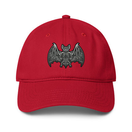 Mayan bat print baseball cap featuring ancient Mayan cultural designs.
