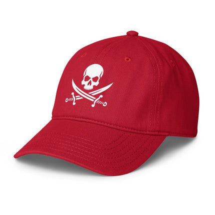 Pirate skull and crossbones baseball cap with Jolly Roger print.