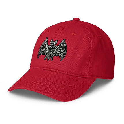 Mayan culture baseball cap featuring a stylized bat graphic print.