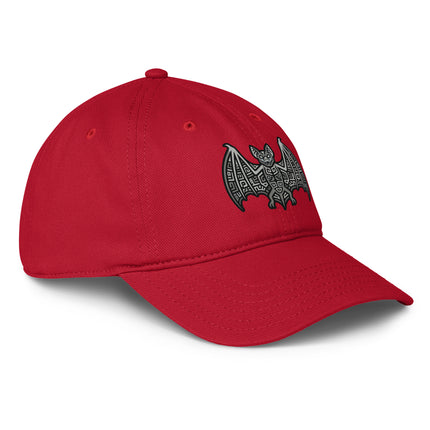 Mayan bat print baseball cap with ancient cultural design.