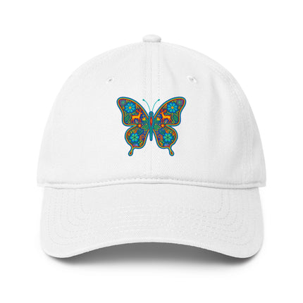 Huichol butterfly art baseball cap featuring vibrant native Mexican design.