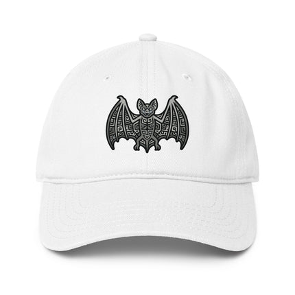 Mayan culture baseball cap featuring a detailed bat graphic print design.