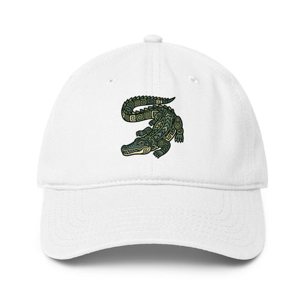 Mayan crocodile art baseball cap featuring ancient civilization print design.