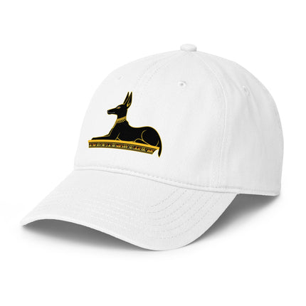 Anubis Egyptian god baseball cap featuring ancient mythology print.