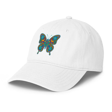 Native Mexican Huichol butterfly art baseball cap with vibrant DTF print.