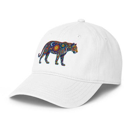 Huichol Jaguar print baseball cap featuring authentic indigenous Mexican design.