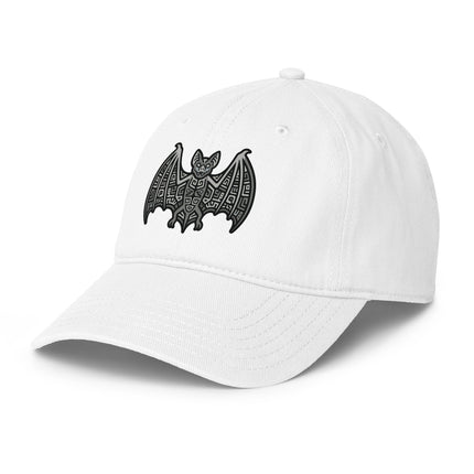 Mayan bat print baseball cap featuring ancient Mayan culture design.