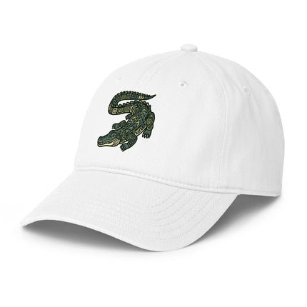 Mayan crocodile art baseball cap design featuring ancient civilization print.