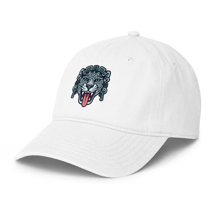 Mayan Jaguar print baseball cap featuring Mesoamerican mythology design.