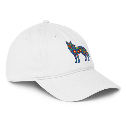 Huichol coyote print baseball cap featuring vibrant indigenous Mexican art.