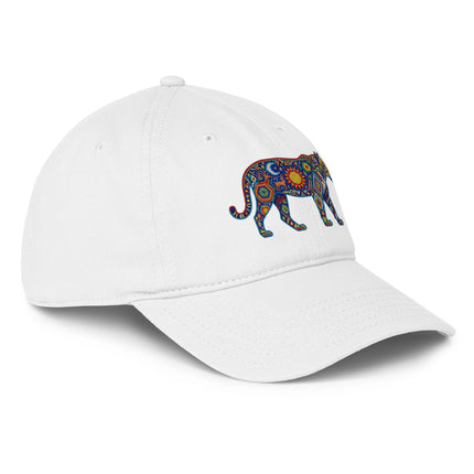 Huichol Jaguar print baseball cap featuring indigenous Mexican cultural design.