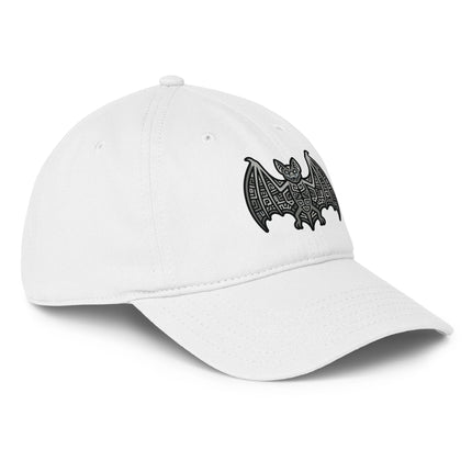 Mayan bat print baseball cap featuring ancient Mayan culture design.