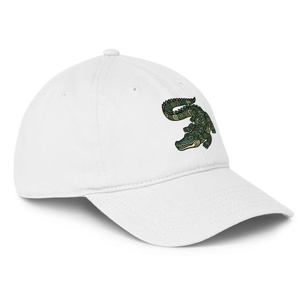 Mayan crocodile print baseball cap featuring ancient civilization art design.