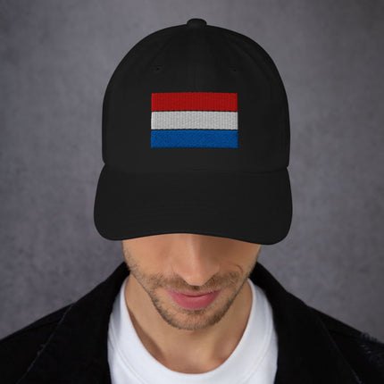 Dutch flag embroidered dad hat with unstructured design in red, white, and blue colors.