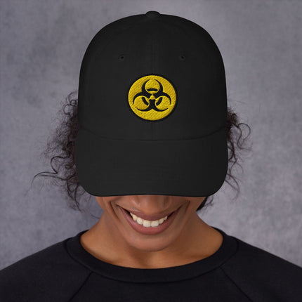 Yellow and black embroidered biohazard symbol cap with warning sign design.