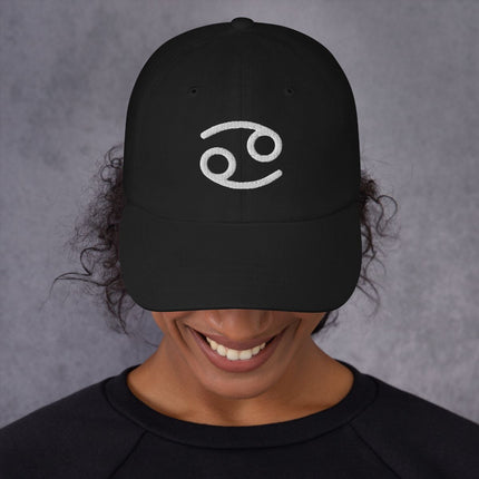 Cancer zodiac sign baseball cap with embroidered astrological symbol.