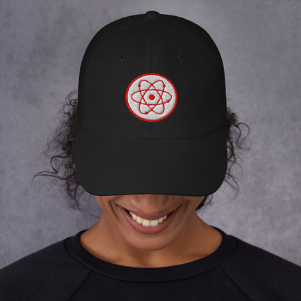 Black embroidered hat featuring a scientific radioactive atom symbol design for physics lovers.