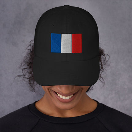 Black embroidered French tricolor flag dad hat on a black baseball cap.