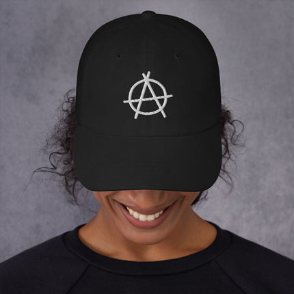 Anarchy symbol embroidered baseball cap featuring the classic A circle logo dad hat.