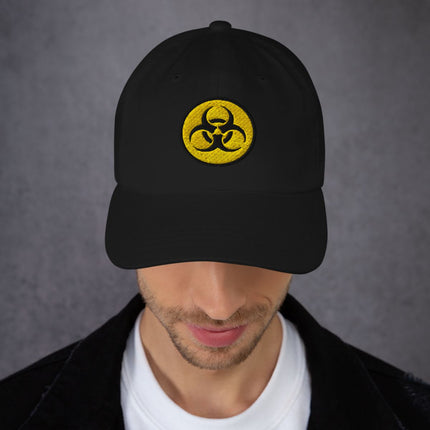 Black and yellow biohazard symbol baseball cap with embroidered warning sign design.