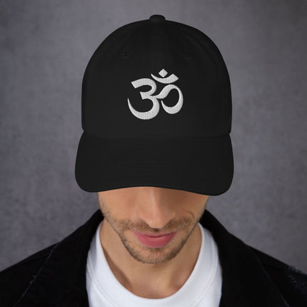 Embroidered Om symbol dad hat featuring Hindu Aum mindfulness design for spiritual style.