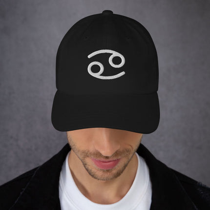 Embroidered Cancer zodiac sign baseball cap featuring the astrological crab symbol.