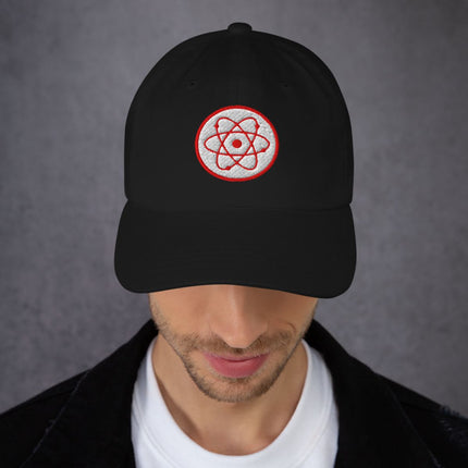 Black embroidered cap with radioactive atom symbol, perfect science or physics gift.