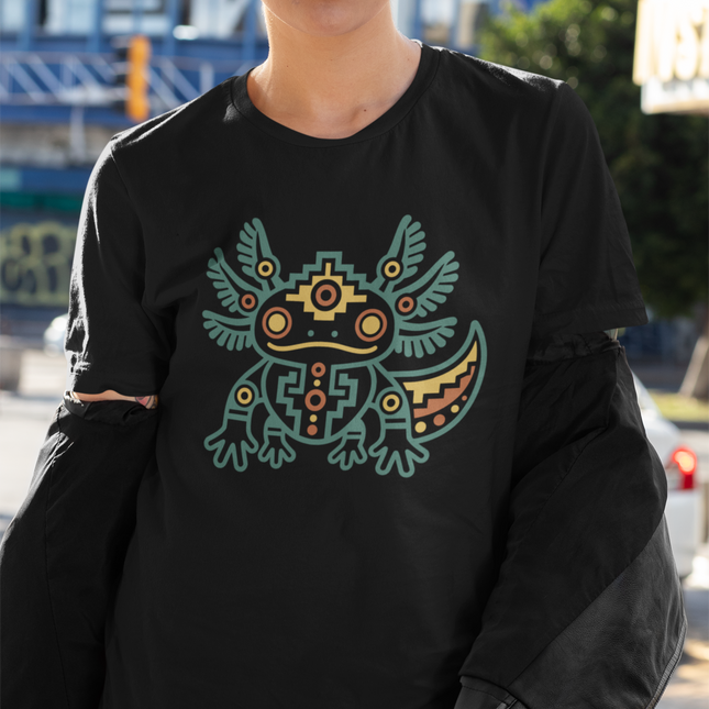 Aztec Axolotl T-Shirt | Geometric Salamander Design in Green and Gold Tee