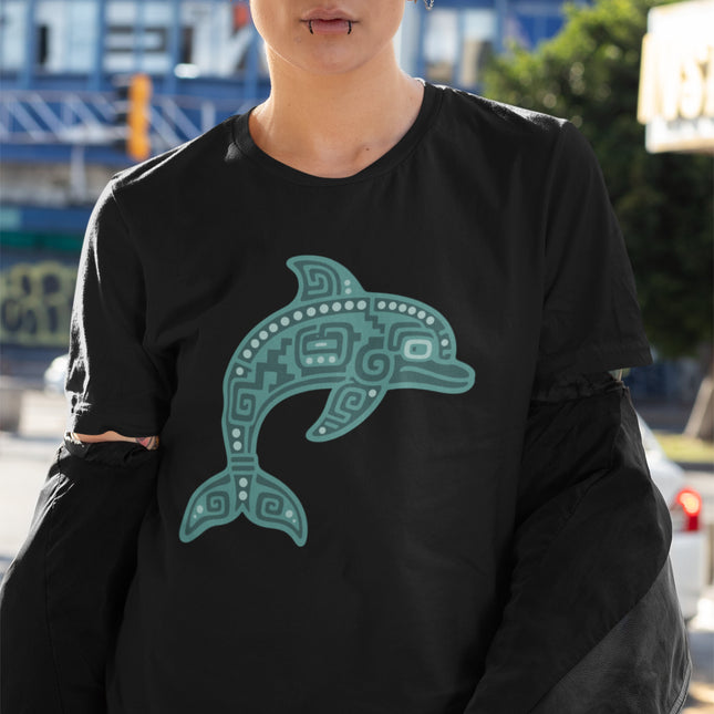 Mayan dolphin graphic tee featuring Mesoamerican inspired turquoise art.