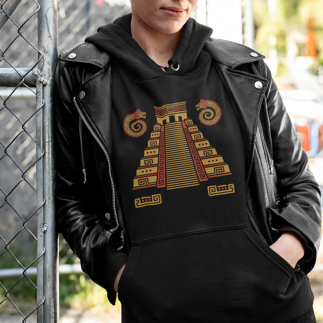 Maya Pyramid Hoodie | Gold Stairway and Red Geometric Temple Art