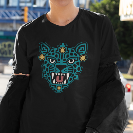 Aztec Jaguar Mask T-Shirt | Teal Feline Face and Gold Details Tee