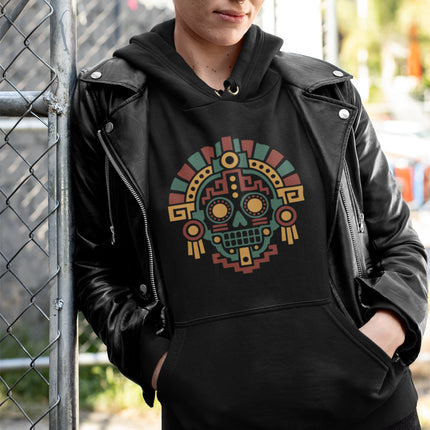 Aztec Mictlan Skull Hoodie | Green, Red, and Gold Mask Design