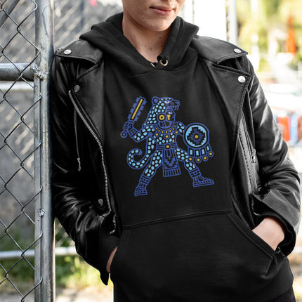 Aztec Jaguar Warrior Hoodie | Blue Spotted Figure and Shield