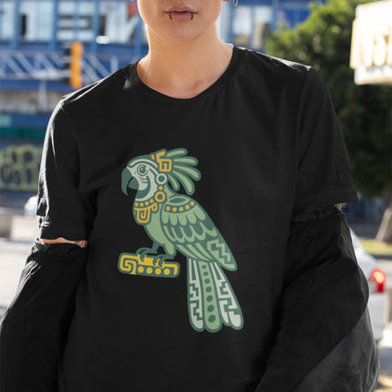 Mayan Parrot T-Shirt | Green and Gold Patterned Perched Bird Tee