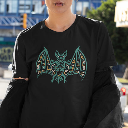 Mayan Bat T-Shirt | Teal and Gold Geometric Spread-Wing Design Tee