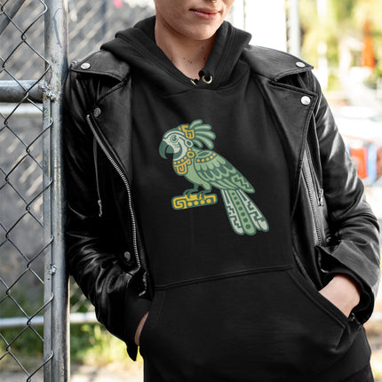 Mayan Parrot Hoodie | Green Bird with Long Patterned Tail Design