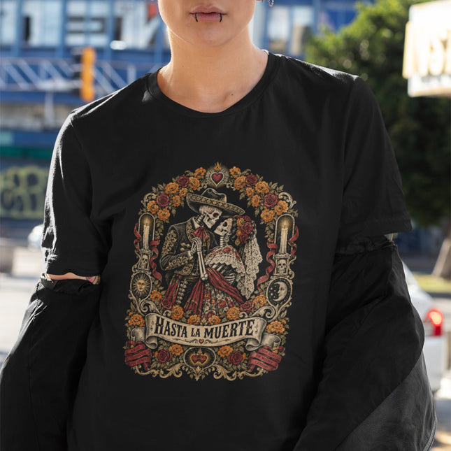 Hasta La Muerte skeleton couple t-shirt design with romantic floral and Dia de Muertos style art.