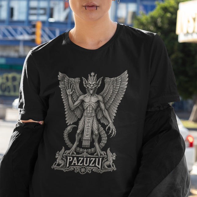 Pazuzu winged demon graphic t-shirt featuring ornate Mesopotamian lettering design.